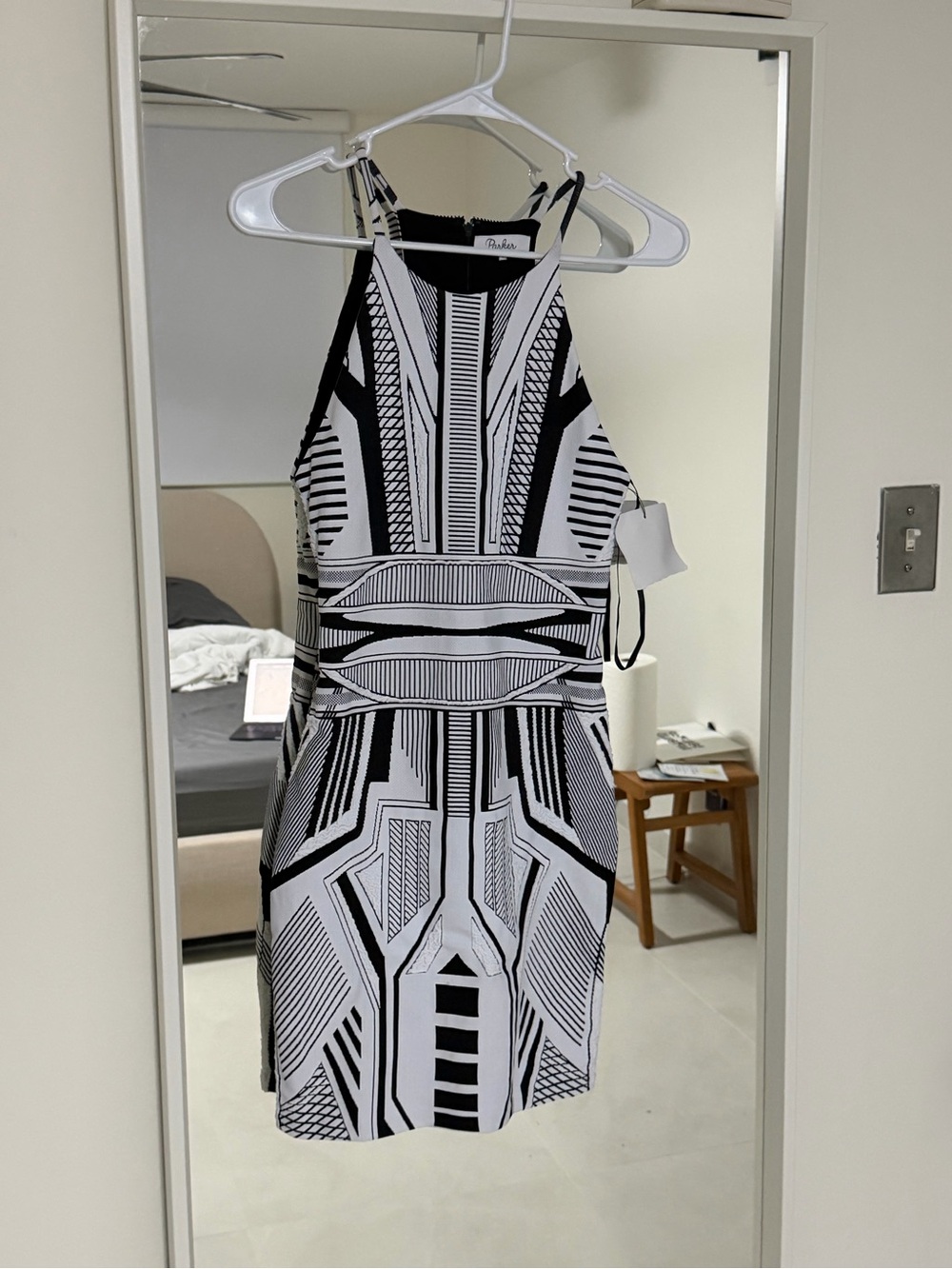 Parker Black & White Geometric Halter Mini Dress